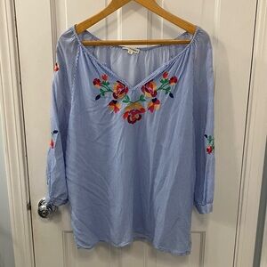 Embroidered floral white Blue Striped longsleeve Women's Top size L Artisan NY